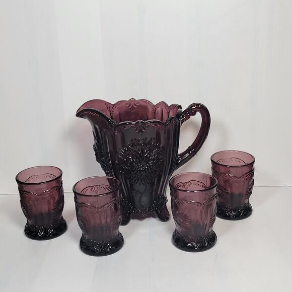 Vintage Mosser Dahlia Amethyst Purple Footed Pitcher & Tumblers - Picture 1 of 10